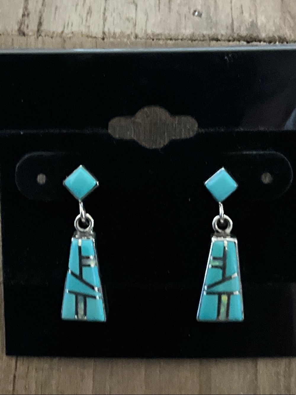 Zuni Sleeping Beauty Turquoise Opal Inlay Dangle Earrings